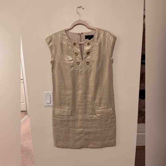 J Crew Linen Dress Metallic Gold Grommet Pockets Short Sleeves - Picture 3 of 5